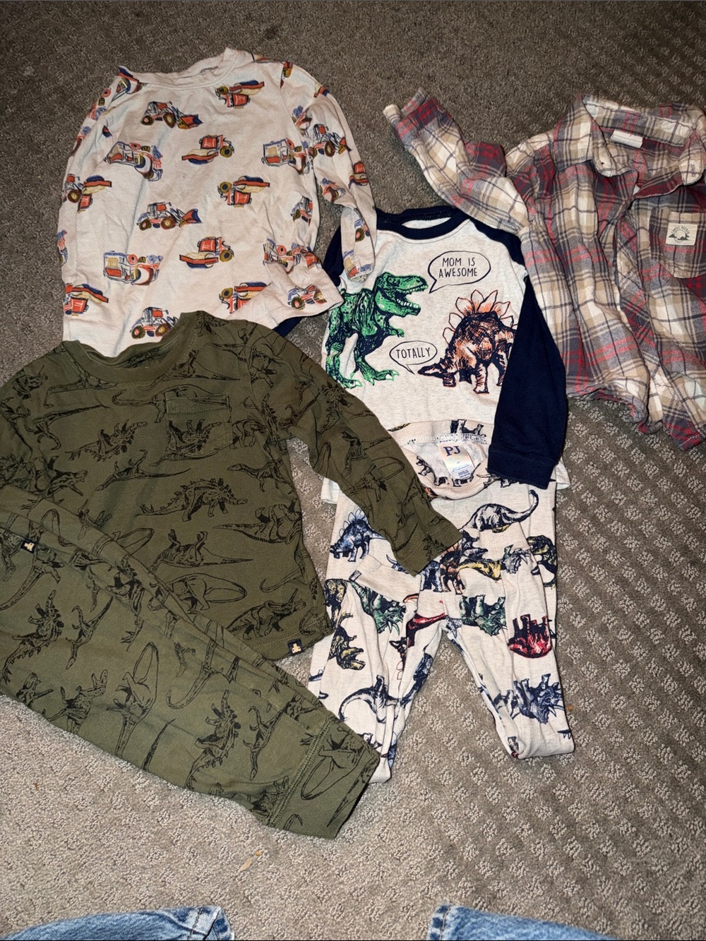 2 pajama sets and one flannel button down and long sleeve